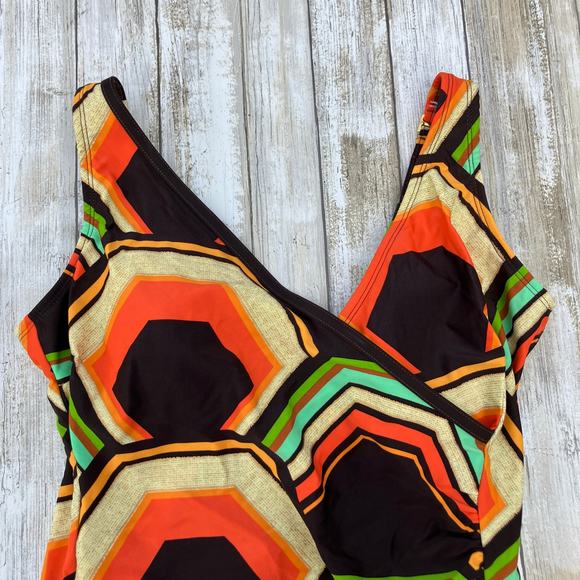 Tara Grinna Swimsuit Sz 14 One Piece Faux Wrap Brown Orange Retro Geometric - Picture 2 of 15